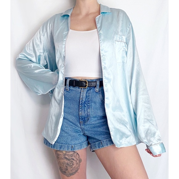 Vintage Victoria’s Secret Y2K Oversized Baby Blue Silky Button Down Top - Picture 4 of 9